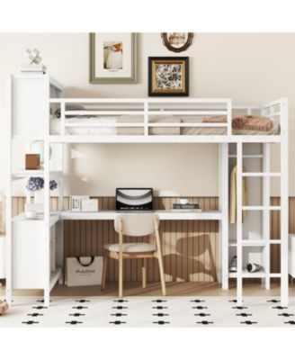 White Metal Loft Bed with Wardrobe, Desk & Storage