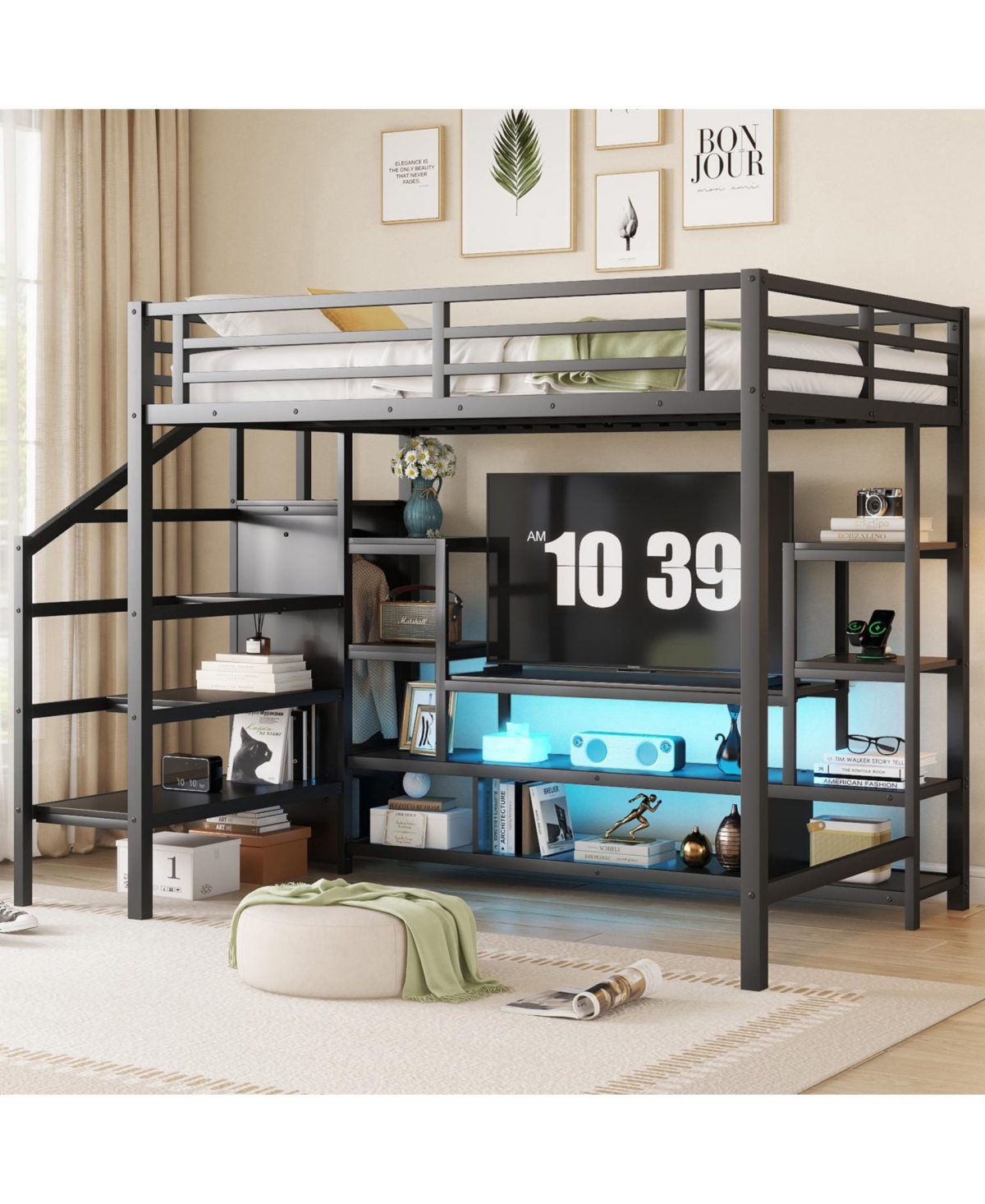 Streamdale Furniture Streamdale Full Size Metal Loft Bed with Stairs & Wardrobe