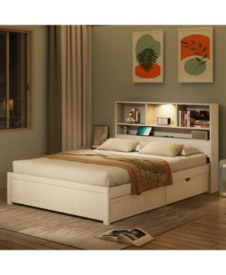 Twin Platform Bed with Bookcase Headboard, Downlight, Charger, Drawers