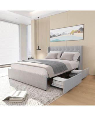  Queen Size Bed Frame with 4 Storage Drawers and Wingback Headboard, Button Tufted Design, Light Grey