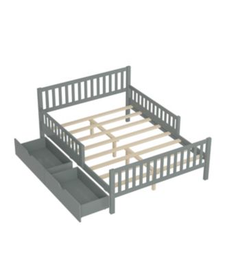 Full Size Wood Platform Bed with Guardrails on Both Sides and Two Storage Drawers, Gray
