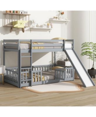 Twin Over Twin Floor Bunk Bed with Slide, Ladder, Door, Safety Guardrails, Solid Pine Wood Bunk Bed
