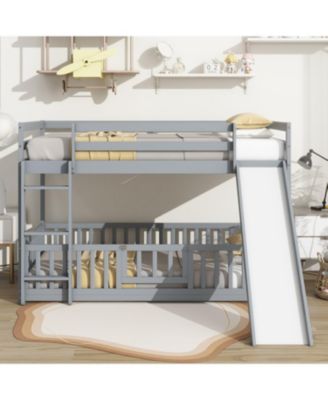 Twin Over Twin Floor Bunk Bed with Slide, Ladder, Door, Safety Guardrails, Solid Pine Wood Bunk Bed