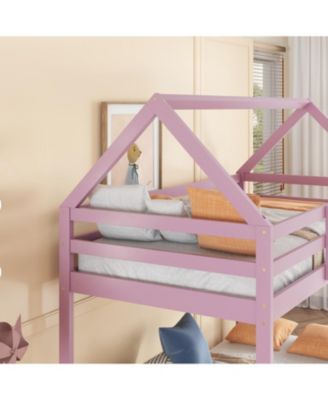 Twin over Twin Rubber Wood Floor Bunk Bed, with ladder,Guardrails,House-Shaped-Bunk Bed