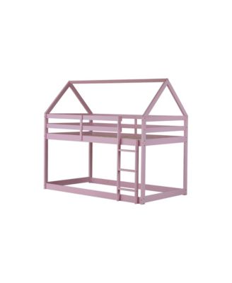Twin over Twin Rubber Wood Floor Bunk Bed, with ladder,Guardrails,House-Shaped-Bunk Bed