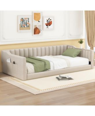  Twin XL Size Upholstery Daybed and Side Storage pocket,Beige