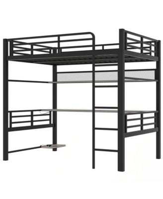 Full Size Metal Loft Bed Frame with Storage Shelf and LED Light,Iron mesh