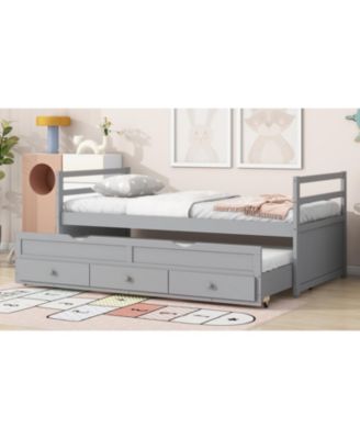 Twin Pine Wood Bed with Headboard, Footboard, Trundle, and Storage