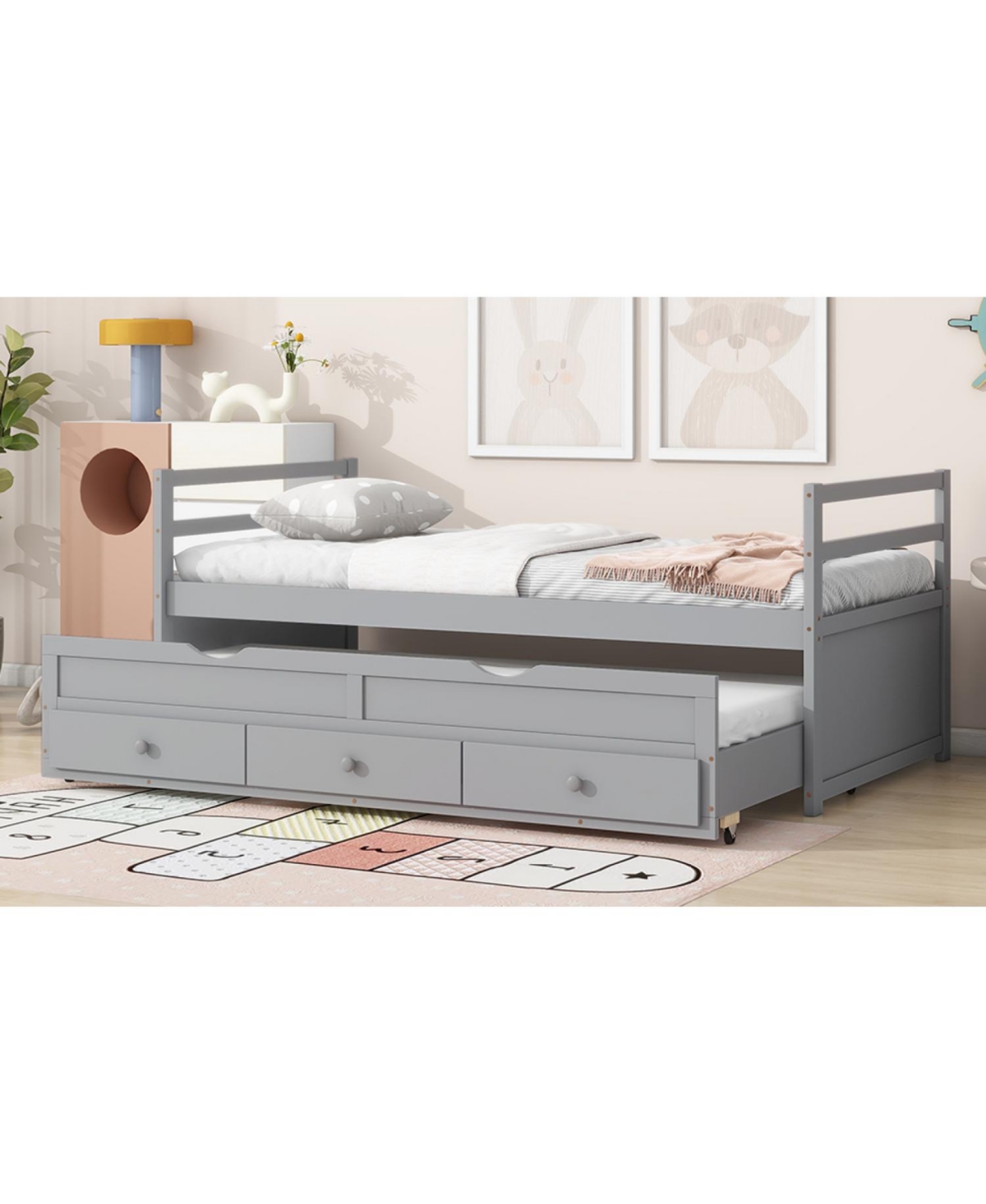 Streamdale Furniture Twin Pine Wood Bed with Headboard, Footboard, Trundle, and Storage