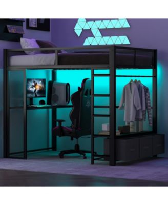 Full Size Metal Gaming Loft Bed with LED, Desk, Open Wardrobe and 3 Linen Storage Drawers