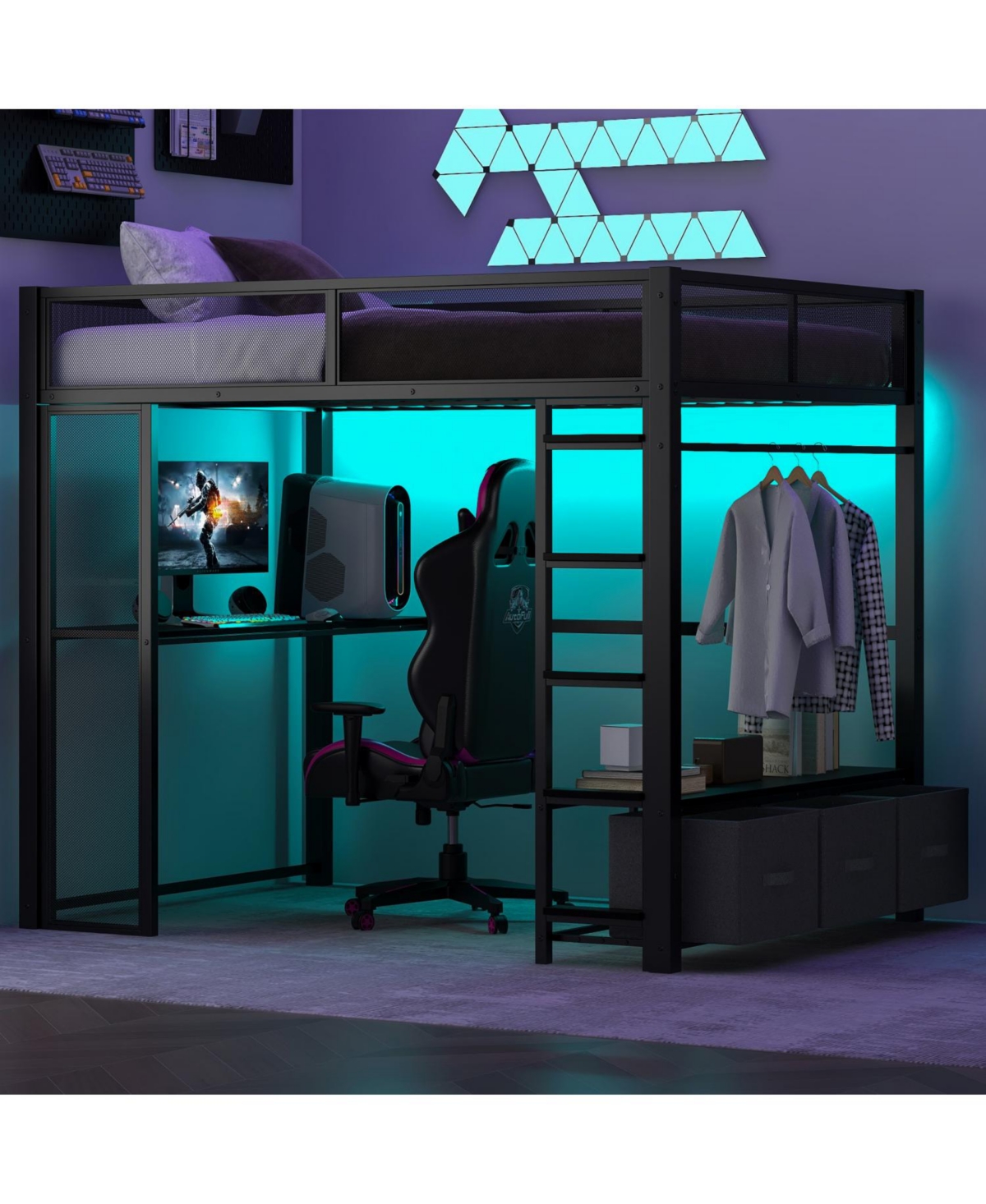 Streamdale Furniture Full Metal Gaming Loft Bed with Led, Desk, Open Wardrobe and 3 Linen Storage Drawers, White