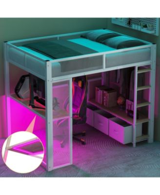 Full Size Metal Gaming Loft Bed with LED, Desk, Open Wardrobe and 3 Linen Storage Drawers