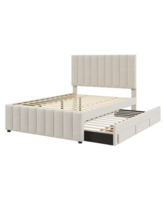  Full Size Upholstered Platform Bed with Twin Size Trundle and 3 Drawers, Linen Fabric, Beige