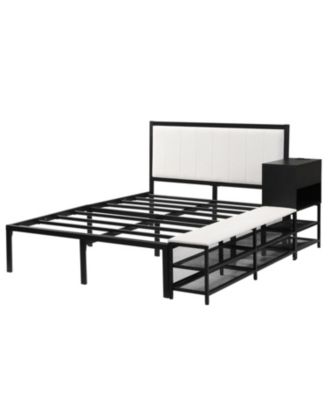 Metal Platform Bed with Two-Tier Storage Shelves, Wooden Storage Cabinet