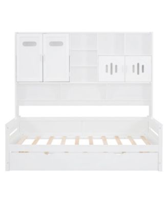 Twin Size Wooden Daybed with Trundle and Storage Cabinet & Shelf