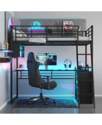 Metal Loft Bed with LED, Desk and 4 Storage Shelves,