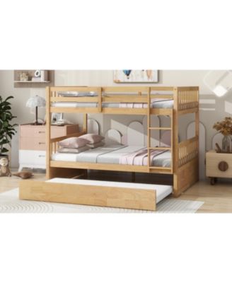 Rubber Wood Full/Full Bunk Bed with Trundle and Guardrails, Convertible to 2 Beds