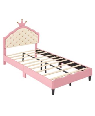 Twin Size Lovely Crown Fantasy PU Leather Princess Bed with Tufted Headboard, Pink+Cream