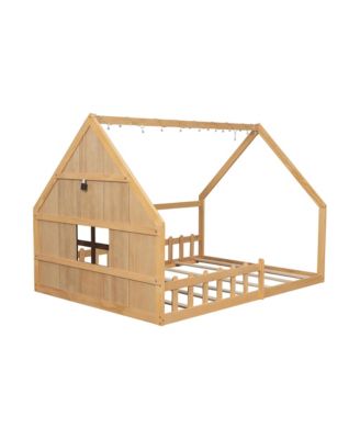 Full Size Wood House Bed with Window and Fence.