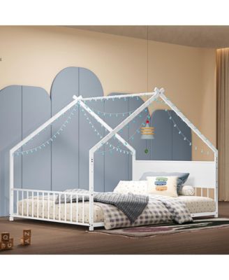  Kids House Bed with Roof and Lights, Metal Frame