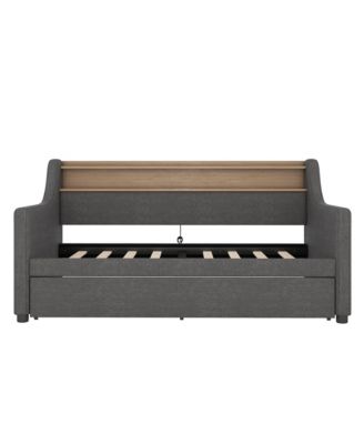 Twin Size Daybed with Trundle Bed, Upholstered Daybed with Charging Station and LED Lights