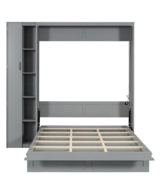 Queen Size Murphy Bed Wall Bed with Shelves, Wardrobe and LED Lights