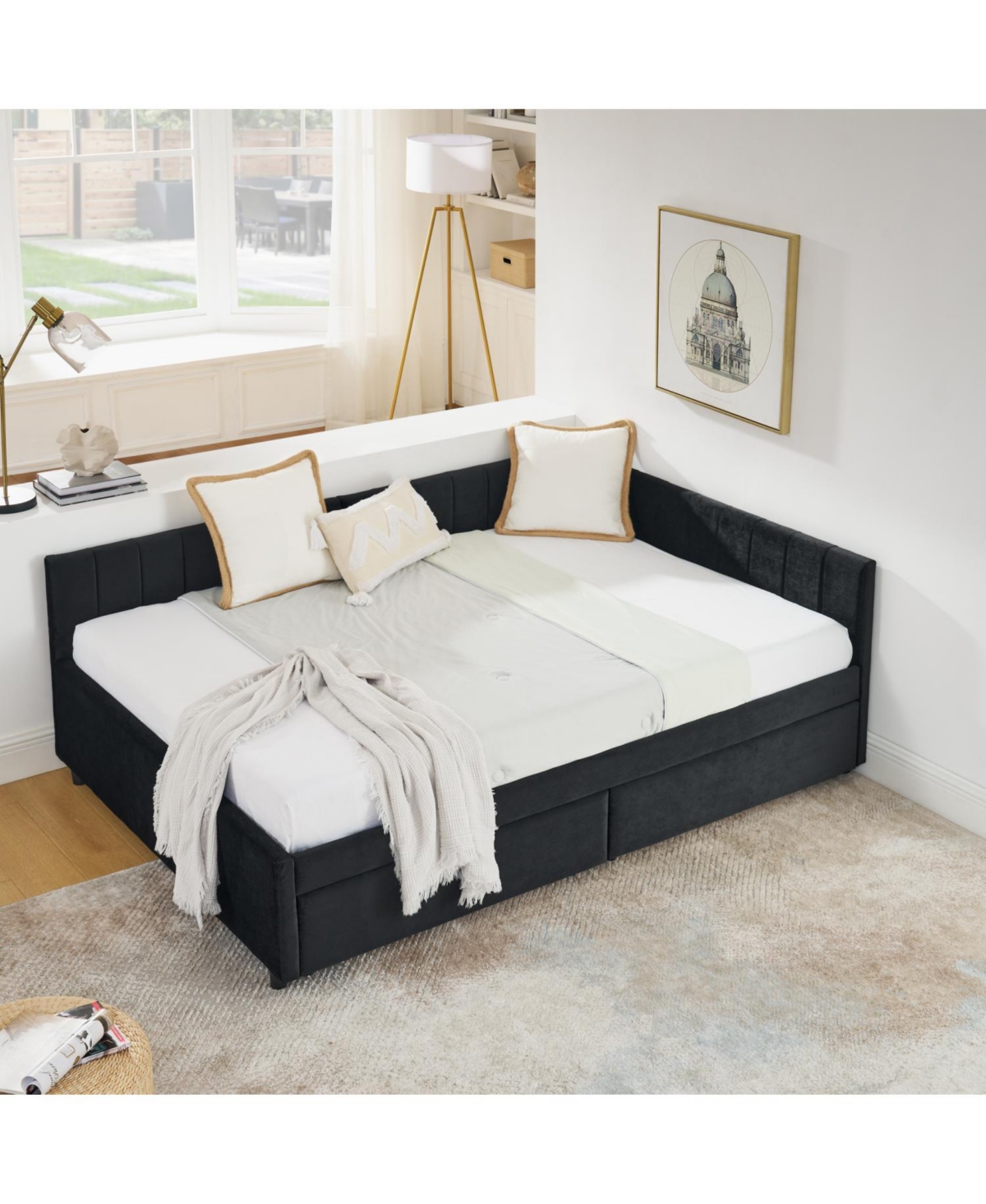 Streamdale Furniture Tufted Upholstered Bed Frame with Drawers Velvet Black