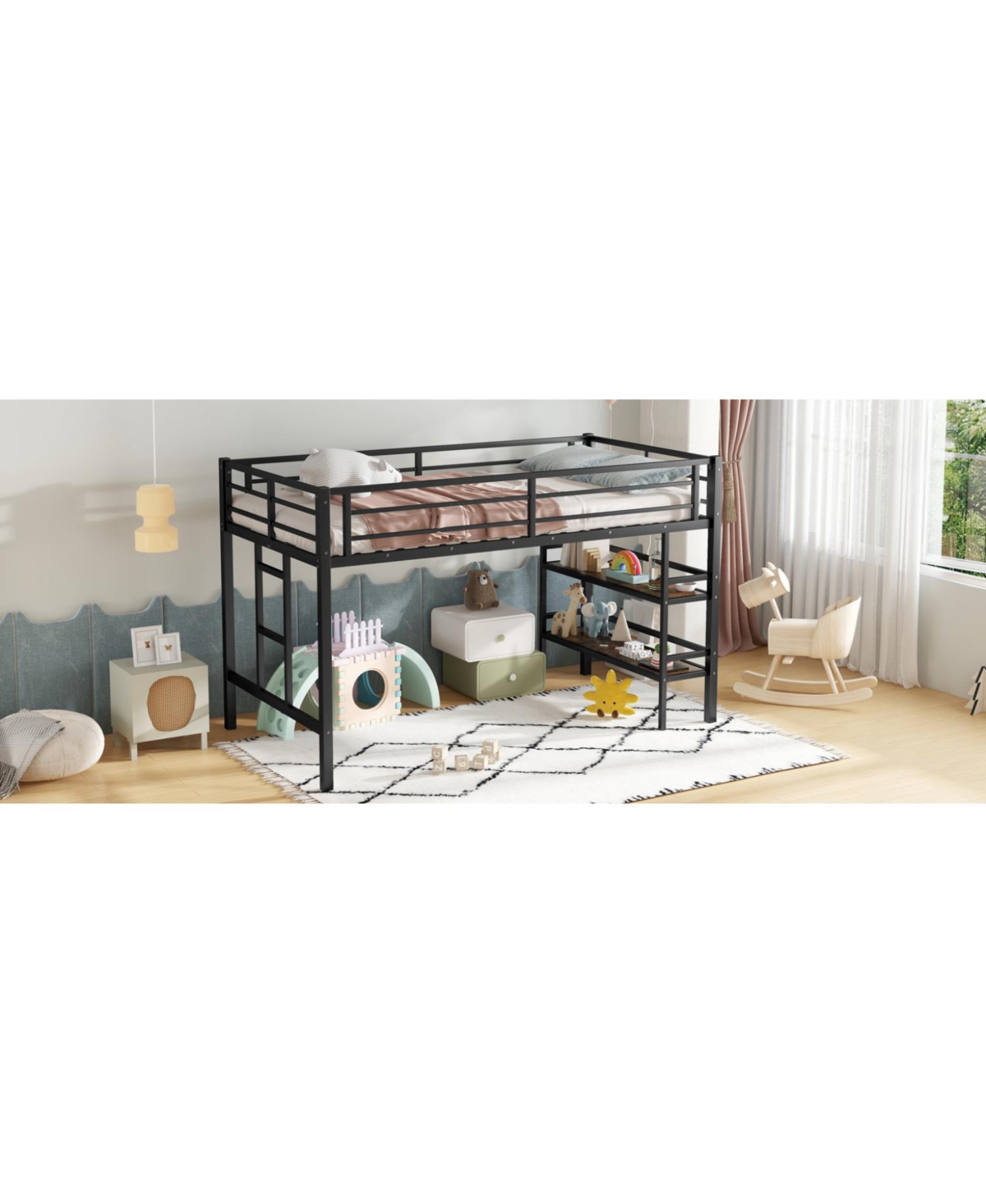 Streamdale Furniture Twin Metal Loft Bed with Shelf & Ladder