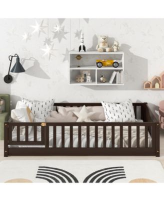 Twin Espresso Floor Bed with Fence & Door