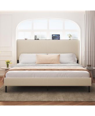 King Beige Platform Bed with Charging Station
