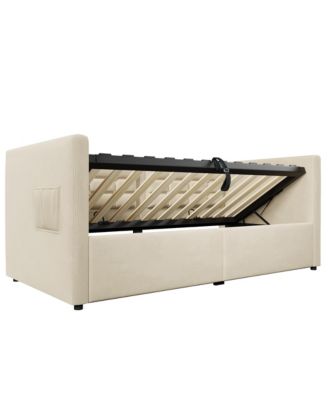Upholstered Twin Daybed with Hydraulic Storage, USB Charging, Tufted Back, Beige Velvet