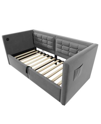  Upholstered Twin Daybed with Hydraulic Storage, USB Charging, Tufted Back, Gray Velvet