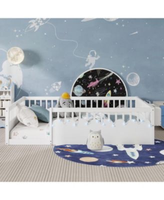 Montessori Floor Bed Frame, High Rails, Light & Shelf, White