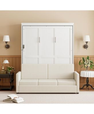 Full Size Murphy Bed Wall Bed with Cushion, White