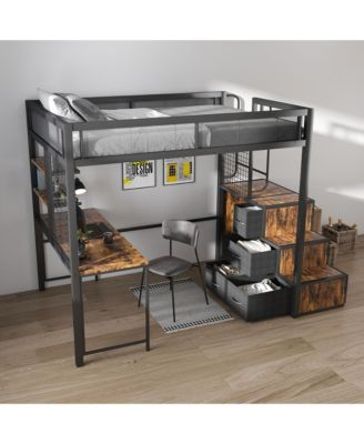 Loft Bed with Desk, USB, Drawers, Stairs & Storage - Black