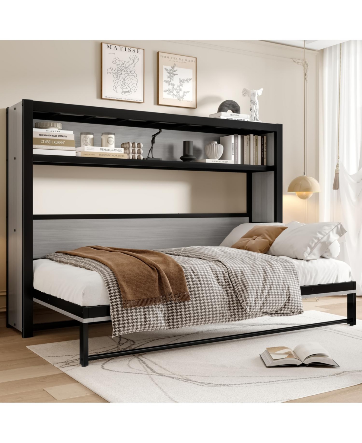 Streamdale Furniture Twin Murphy Bed with Shelves, Foldable Metal Wall Bed - Gray