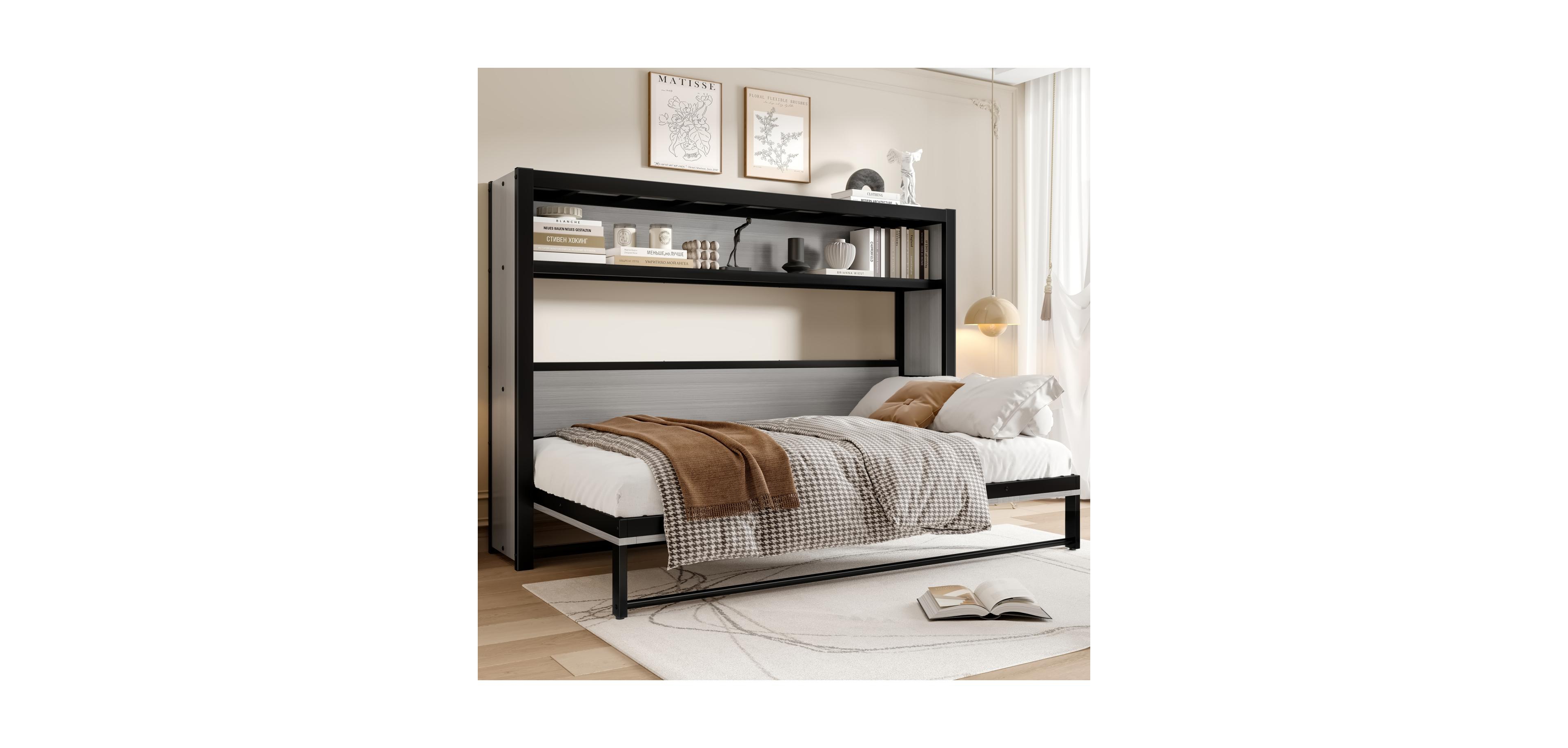 Streamdale Furniture Twin Murphy Bed with Shelves, Foldable Metal Wall Bed - Gray