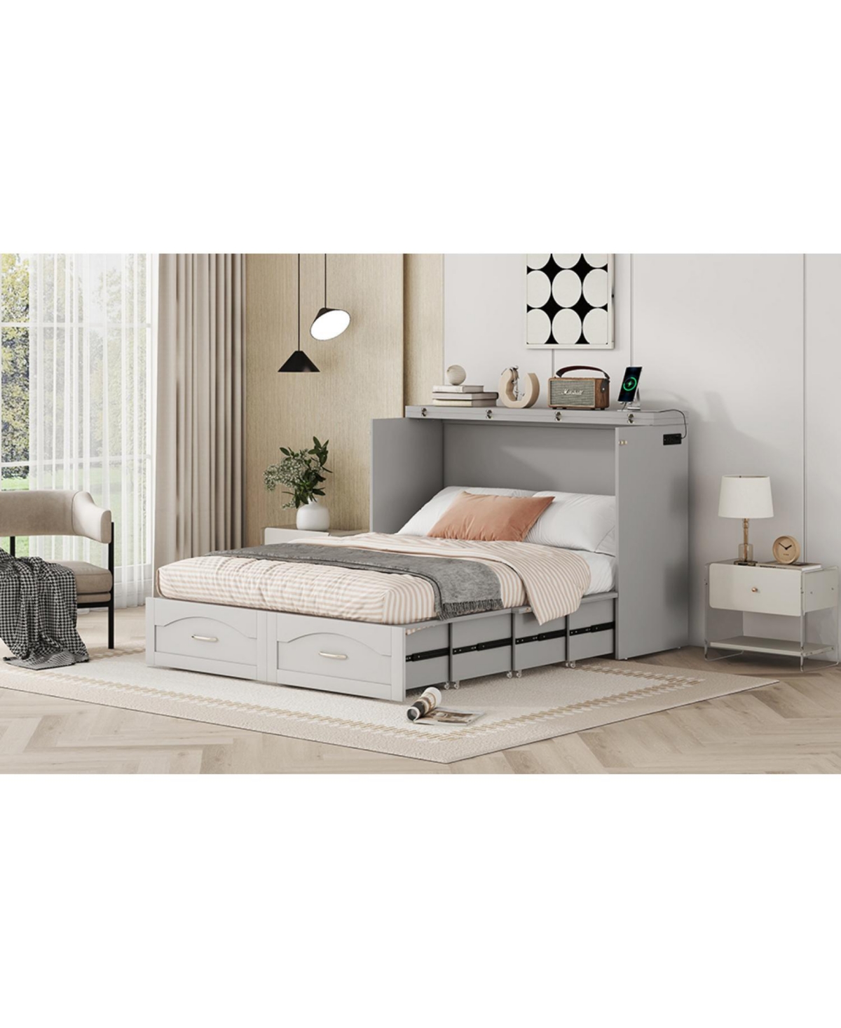 Streamdale Furniture Murphy Bed with Drawer, Usb Ports, Pulley Design - Gray