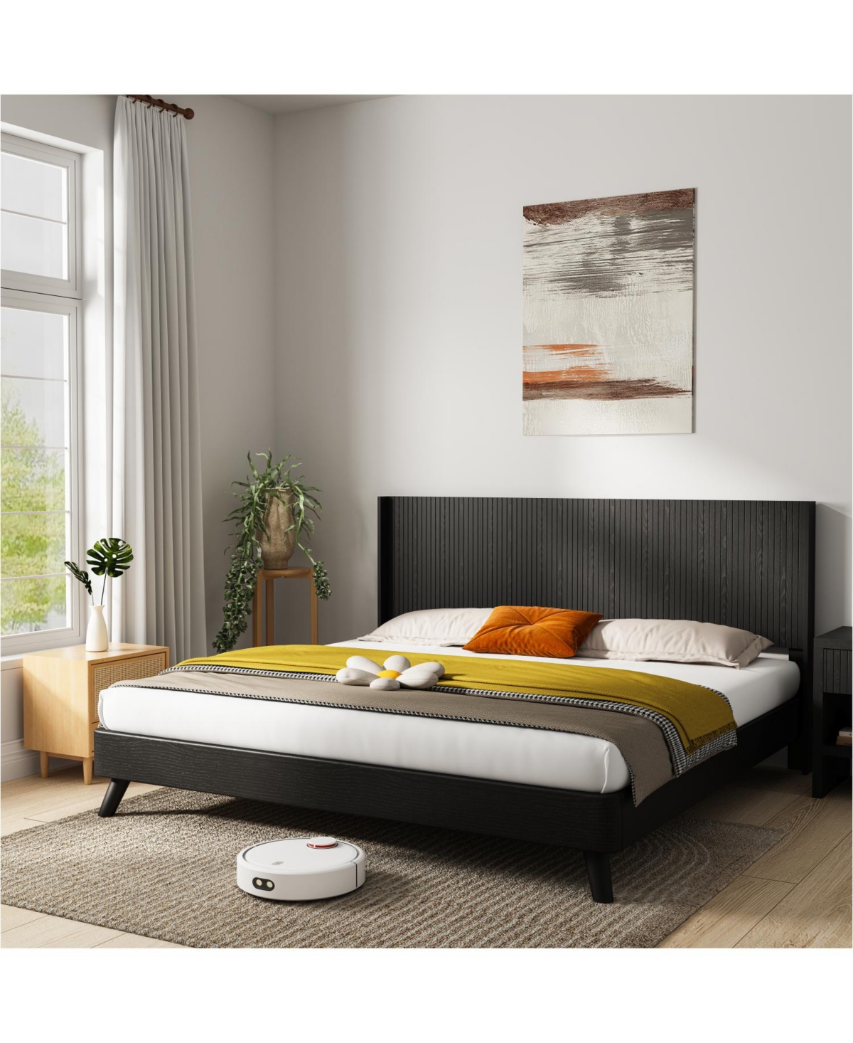 Streamdale Furniture Black Oak Queen Headboard - Fluted Panel, Modern Farmhouse