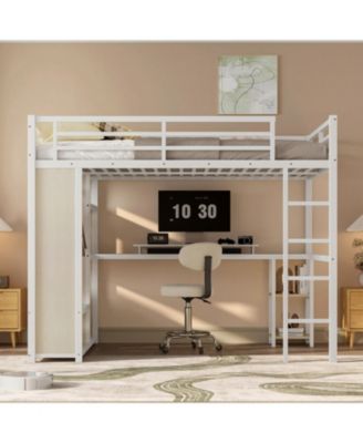 Queen Loft Bed Frame w/ Wardrobe, Desk & Shelves