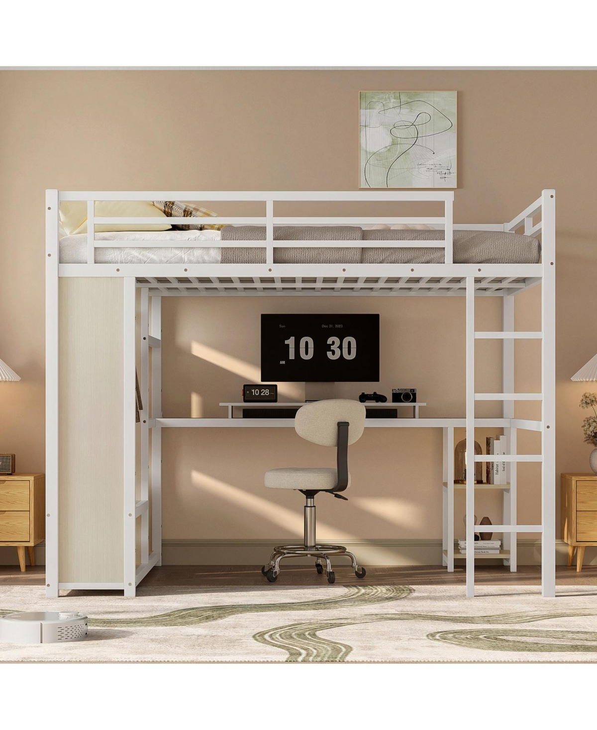 Streamdale Furniture Queen Loft Bed Frame w/ Wardrobe, Desk & Shelves