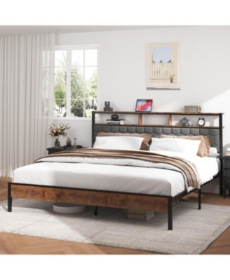 King Wooden Platform Bed Frame w/ USB Ports & Storage - Brown
