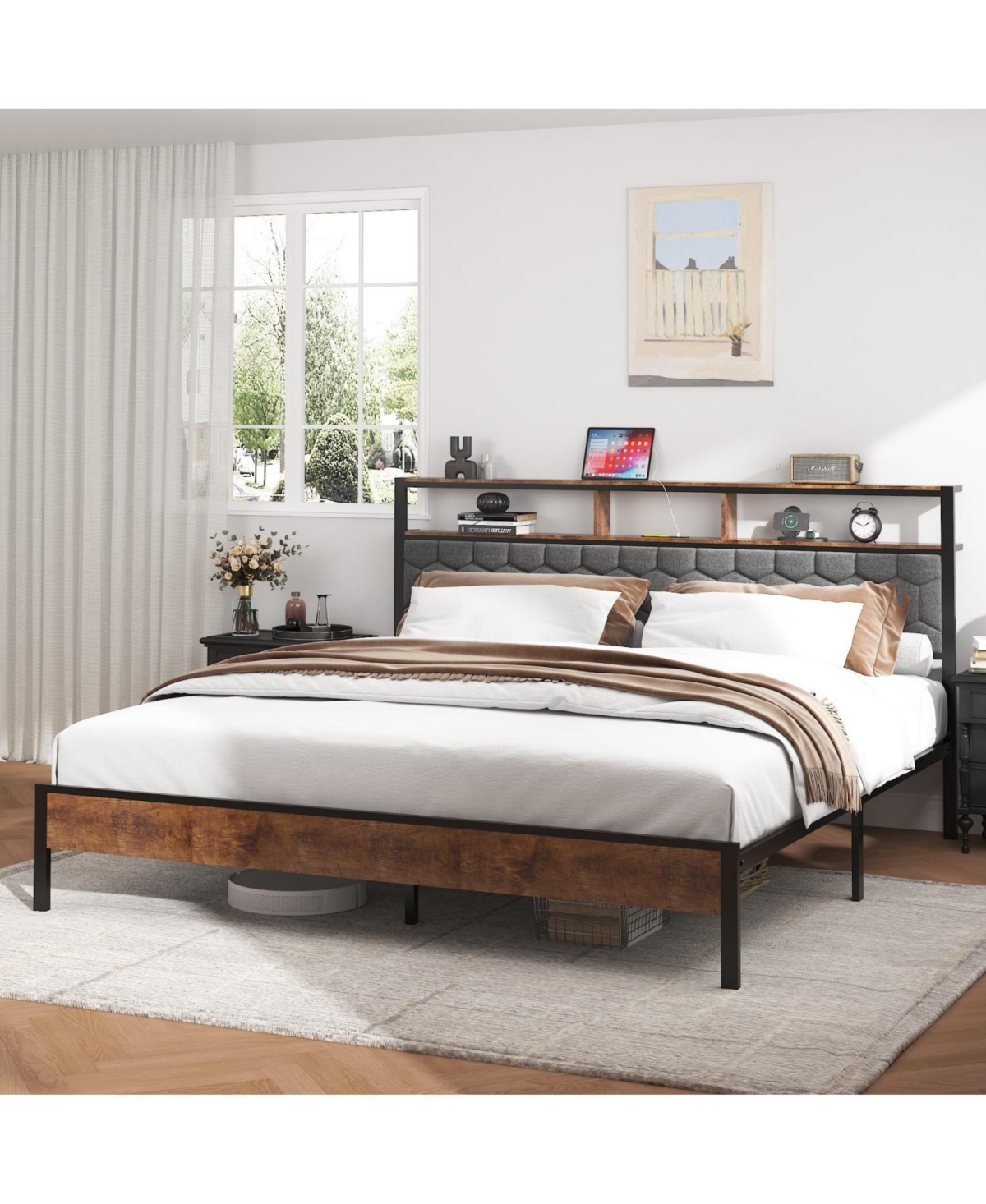 Streamdale Furniture King Wooden Platform Bed Frame w/ Usb Ports & Storage - Brown