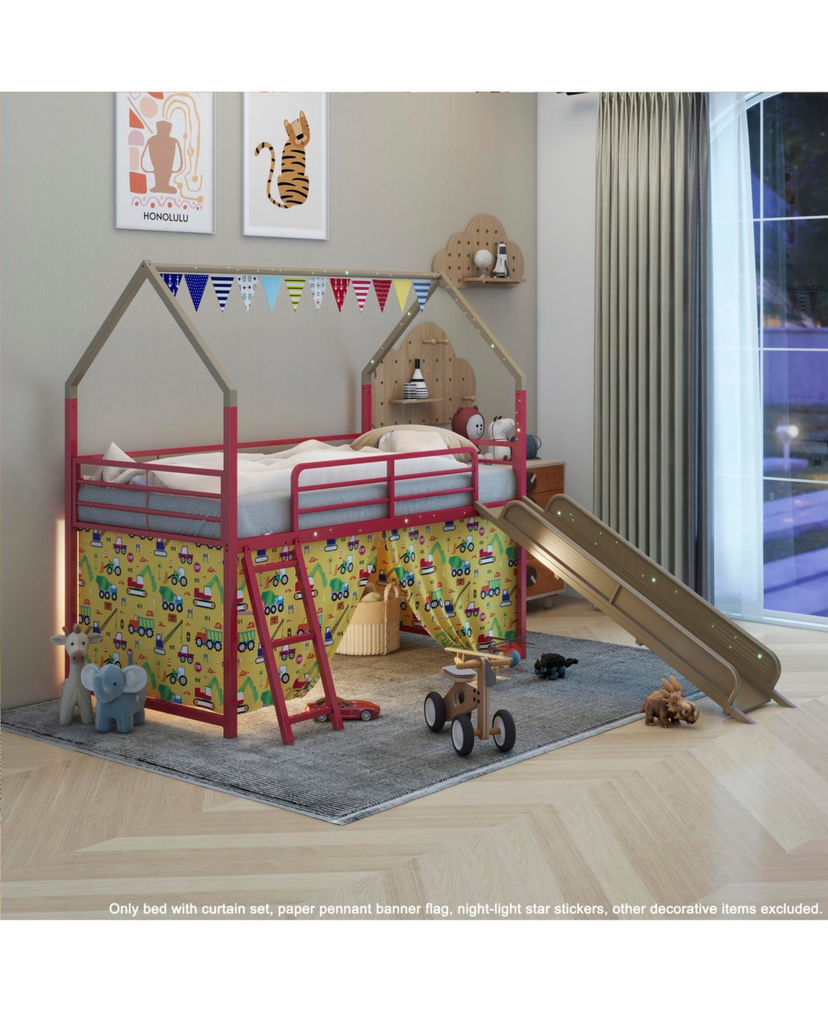 Streamdale Furniture Jack Metal Twin Loft Bed w/ Slide & Curtain - Super Hero Gold/Red