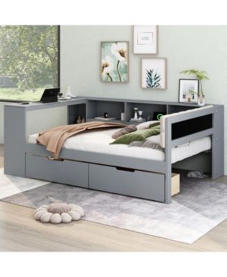 Wood Full Platform Bed with Storage & Charging