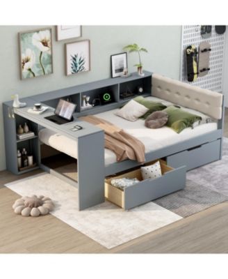 Wood Full Platform Bed with Storage & Charging