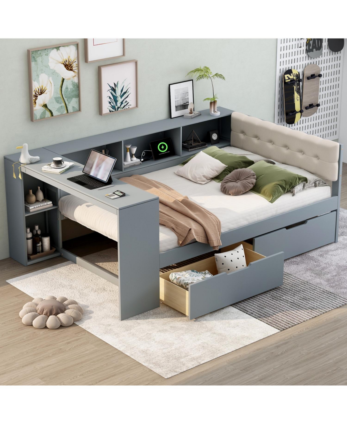 Streamdale Furniture Wood Full Platform Bed with Storage & Charging