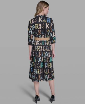 Women's Allover Print Belted Collared Shirt Dress