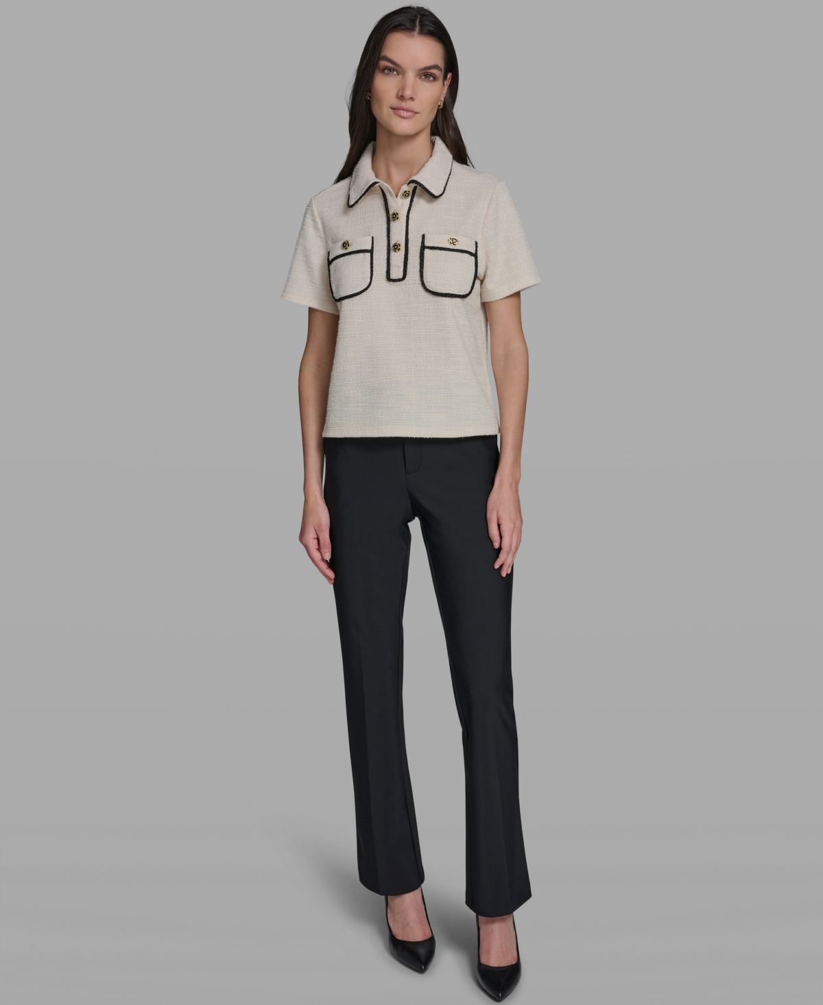 Karl Lagerfeld Paris Women's Knit Henley with Framing Collared Top