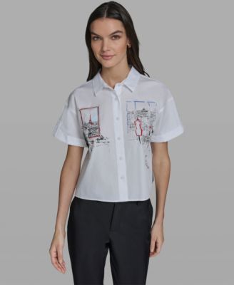 Women's Cropped City Scene Collared Top